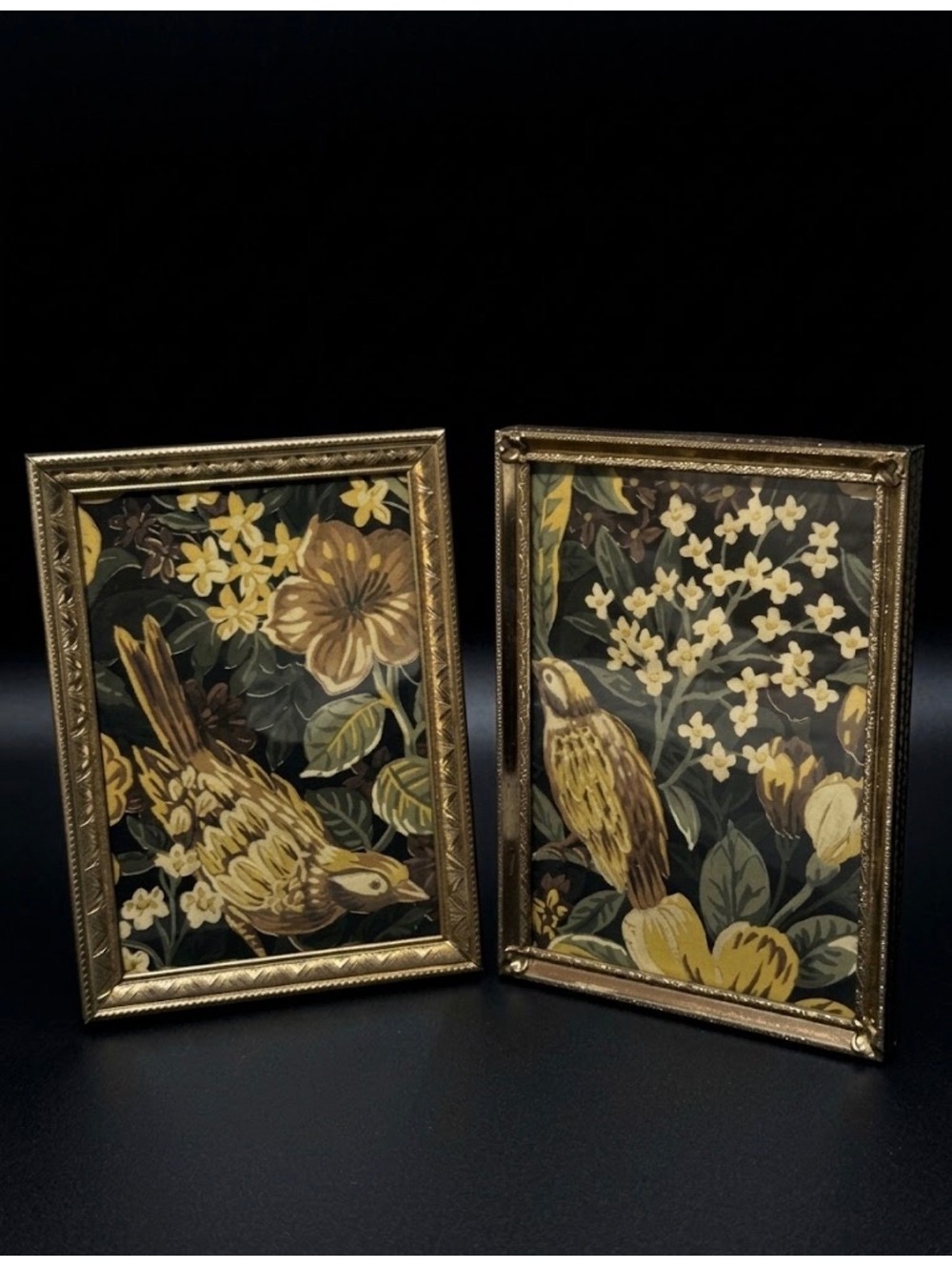 Vintage Gold Metal Bird & Botanical Framed Prints (Set of 2)